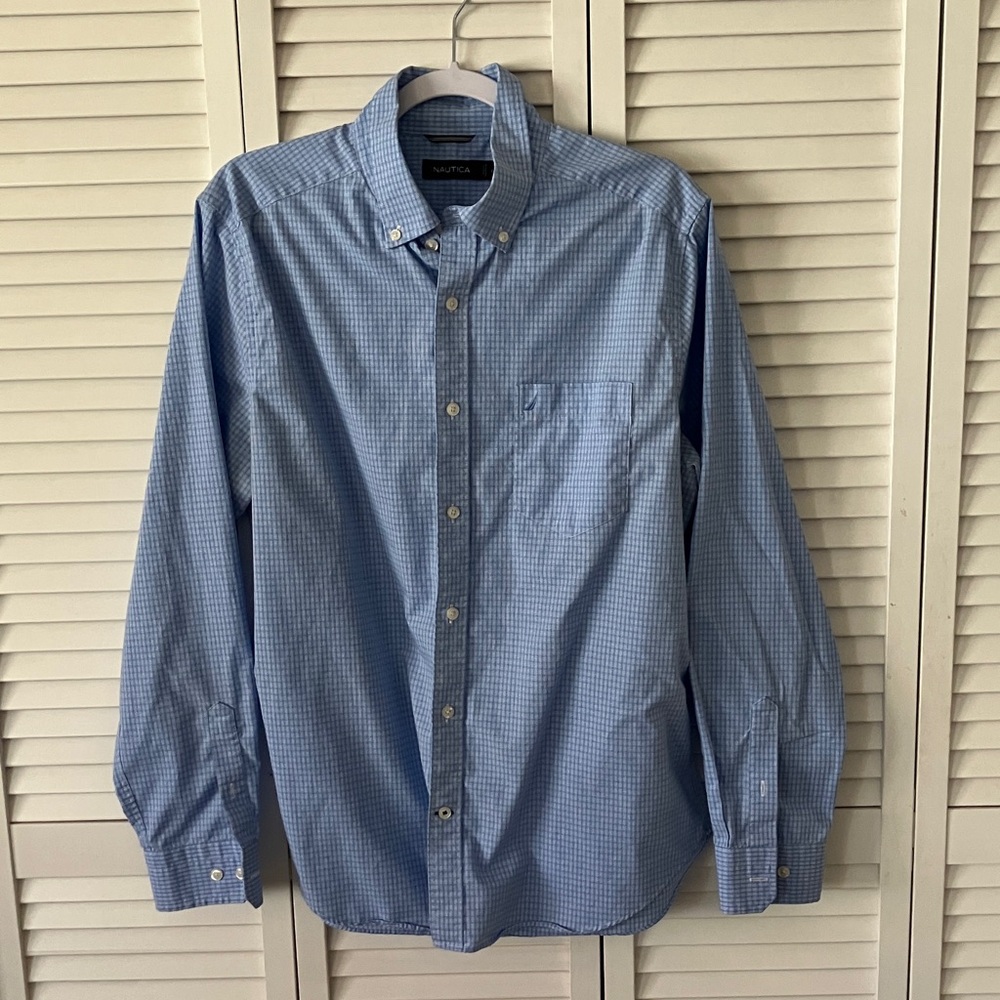 Nautica Blue Small-Check Long Sleeve Button-Down Shirt size L Cotton